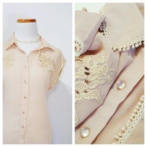 Western Sheer Lace Button Up Blouse Peach